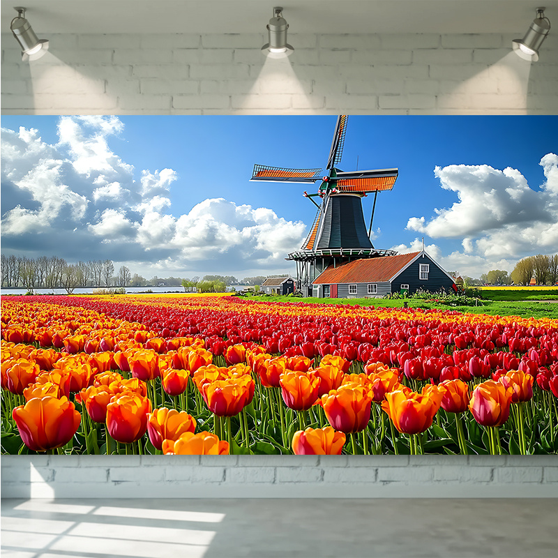Home Decor Netherlands - Windmolen Tulpenveld Nederland Landschap Wandtapijt Kleurrijke