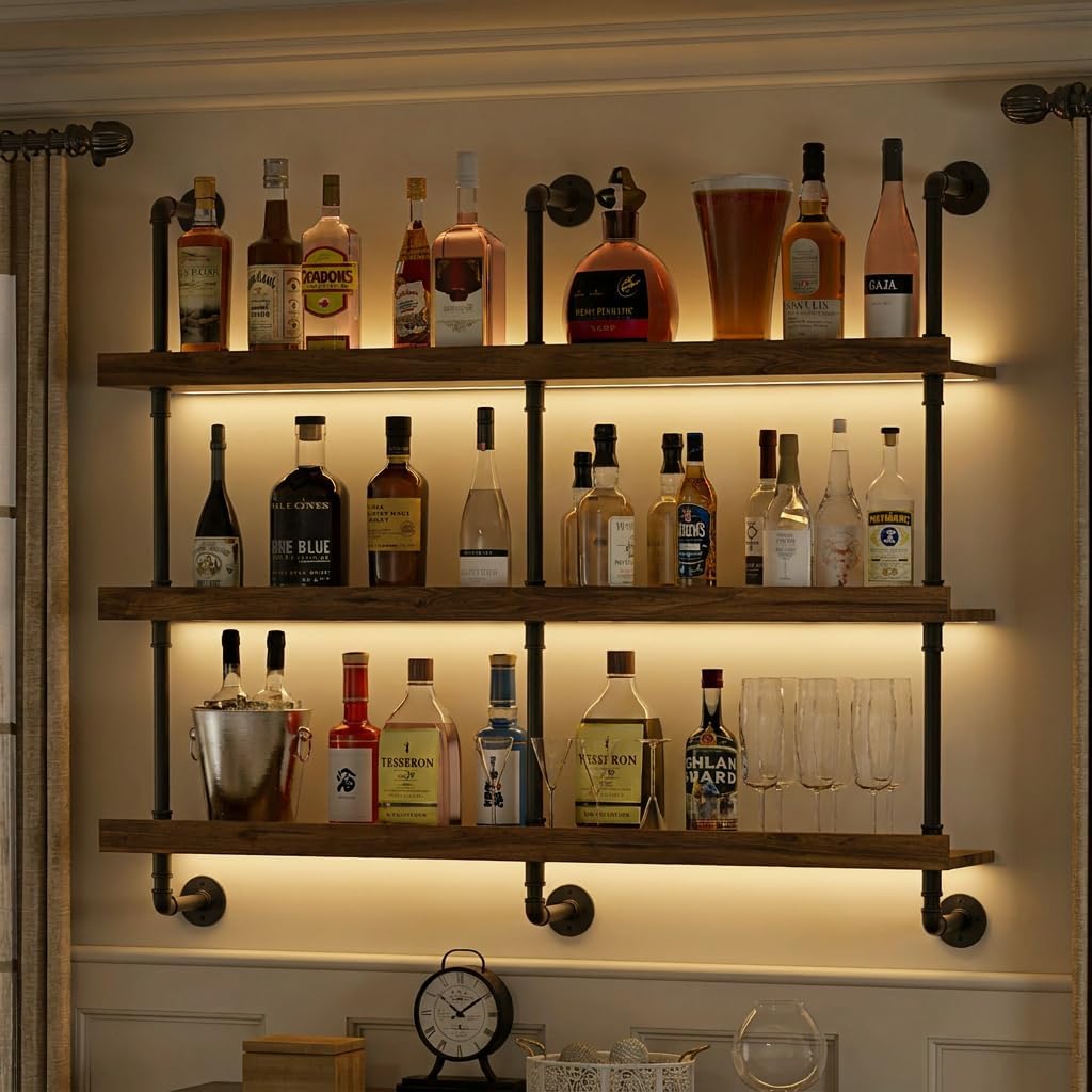 Floating Shelves - Wandgemonteerd wijnrek met LED-verlichting, drie lagen