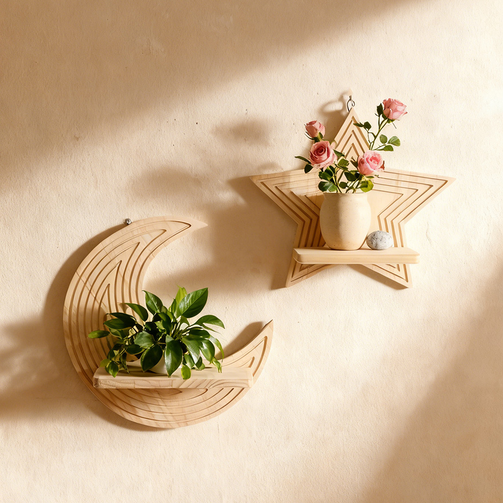 Floating Shelves - Maanster-vormige houten zwevende wandplanken, creatief wandrek