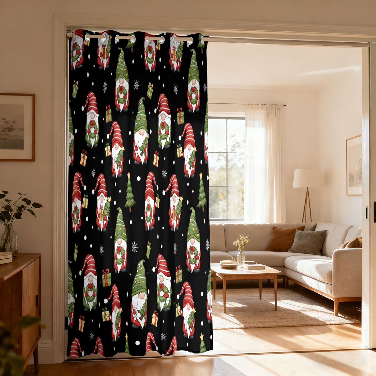 Home Decor Curtains - Kerstdwerg Kerstboom Cadeau Print Enkelvoudig lusgordijn,