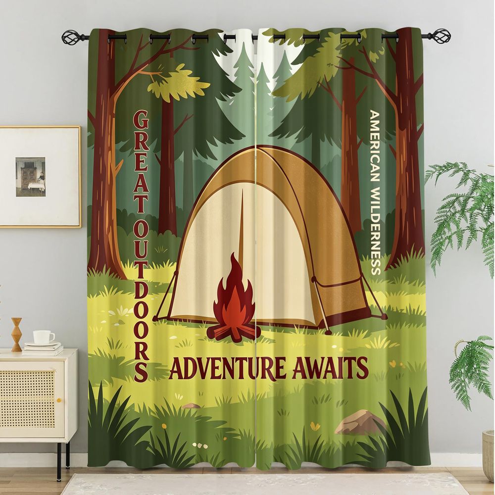 Camping Scene Print Gordijnen, - Home Decor Curtains recensie en prijs